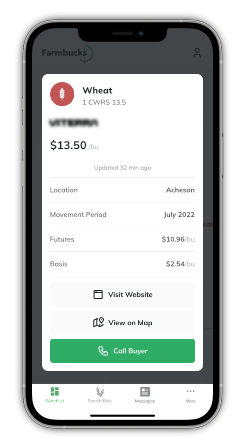 Smartphone showing Farmbucks Mobile app and an example of cash bid details.