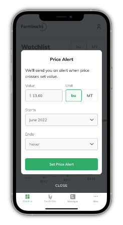 Smartphone showing a price alert feature in Farmbucks Mobile App.