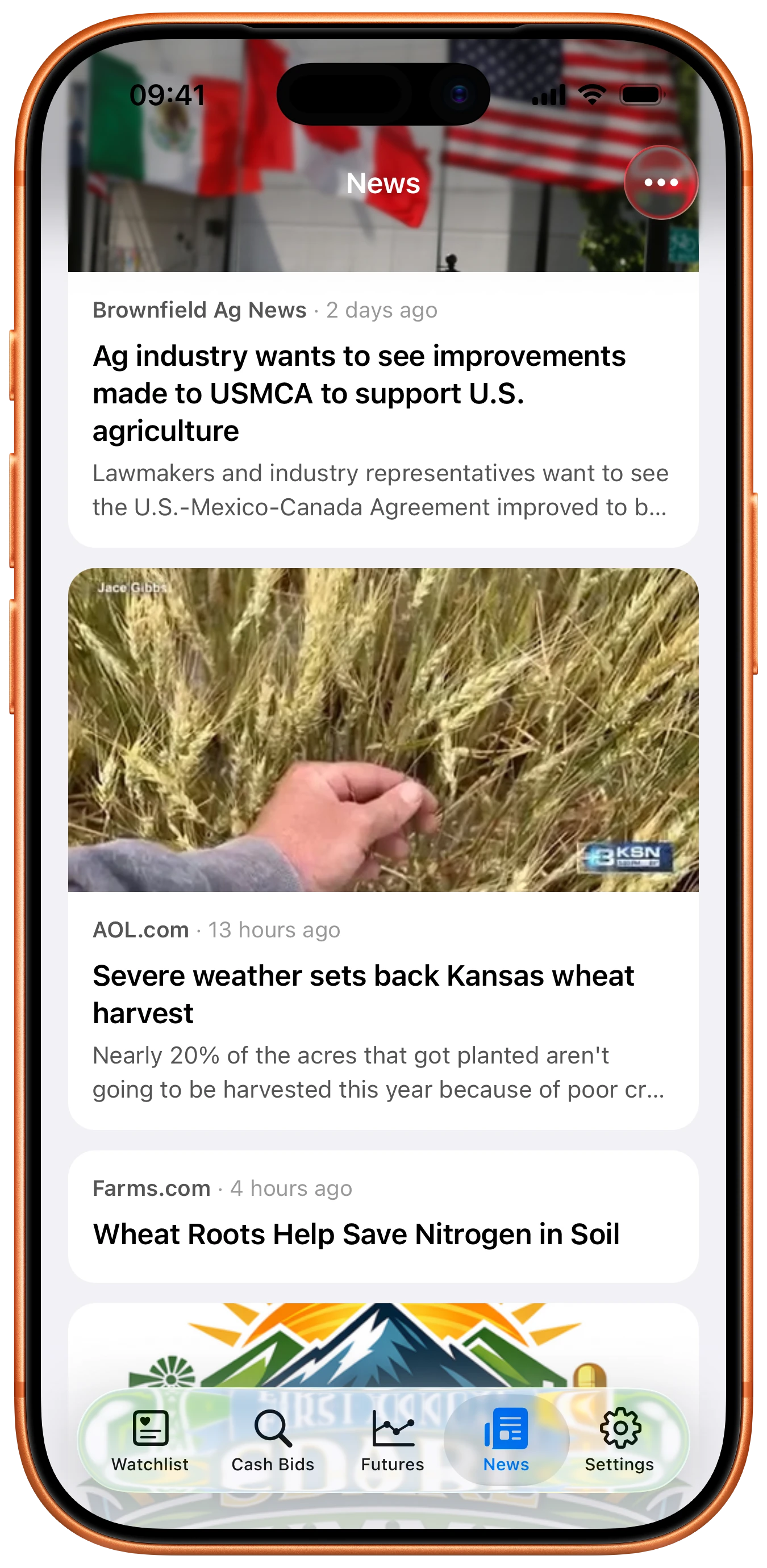 Farmbucks mobile app News screen