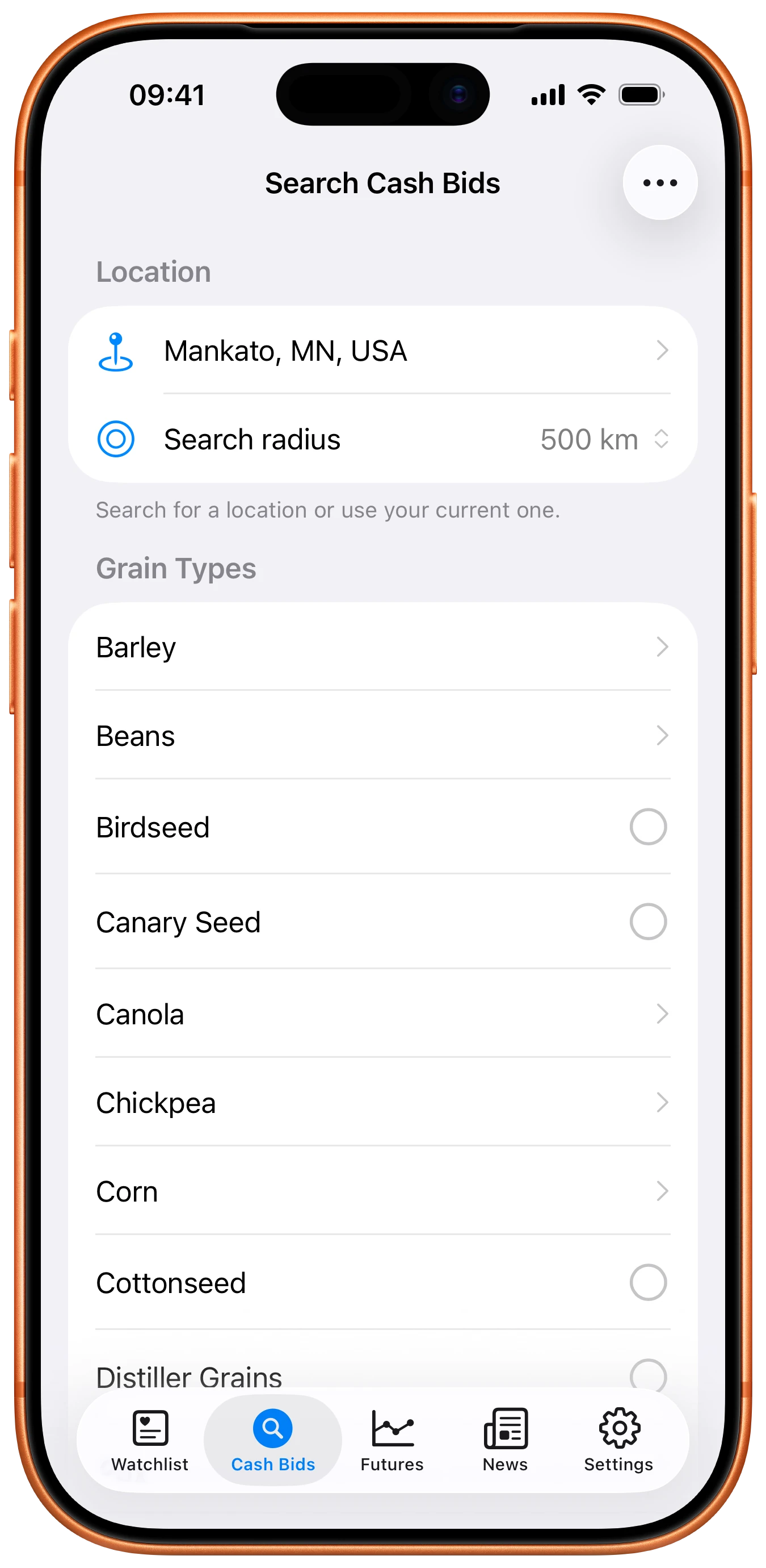 Farmbucks mobile app Search Cash Bids screen